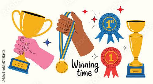 Award Winning Illustration of Champion Trophy, First Place Medal, Ribbon Prize Held in Hand - Hand Drawn Vector Isolated Design Celebrating Victory, Success, and Sports Competition Concept