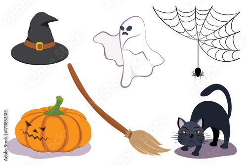 Halloween set. Elements design, ghost, pumpkin, cat, spider and witch hat. Cartoon characters on white background.