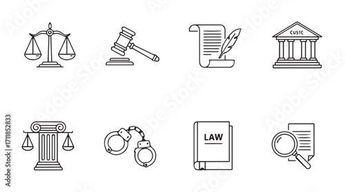 Collection of legal and justice symbols in a simple line art silhouette style