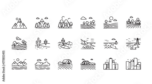 Collection of diverse landscape icons in a minimalist silhouette style