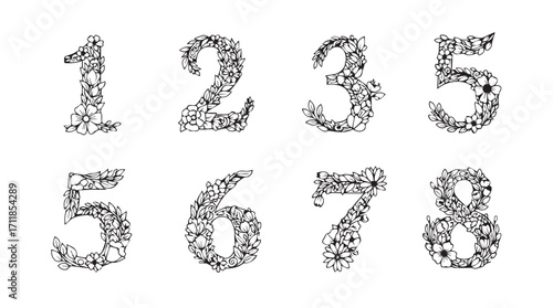 Decorative floral numbers one through eight in a unique silhouette style