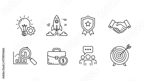 Collection of business and startup concept icons in a unique hand drawn silhouette style