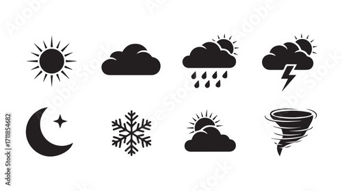 Collection of weather icons featuring sun clouds rain lightning moon snowflake and tornado silhouette