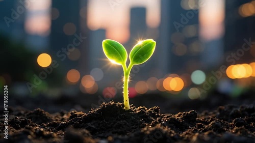 Seedling Growing from Soil Against Urban Cityscape Bokeh Background