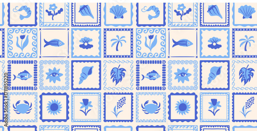 Vector hand drawn seamless pattern graphics with silhouette summer and vacation illustrations, tropical illustrations, frames and borders naive cut out style, patchwork and mosaic 