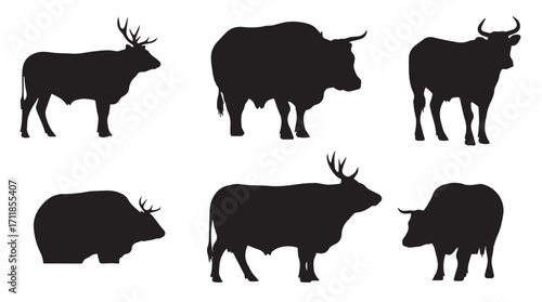 Collection of six diverse yak animal silhouettes in various poses