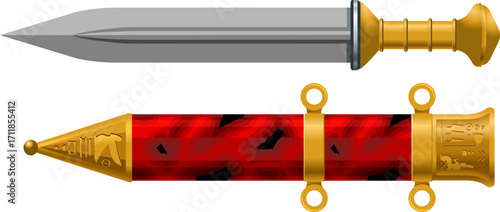 Decorative dagger with gold hilt and red ornate sheath, ideal for fantasy, history, or promotional design.