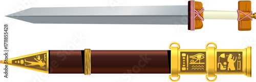 Ornate dagger with gold hilt and red grip, ideal for fantasy branding, game art, or historical prop visuals.