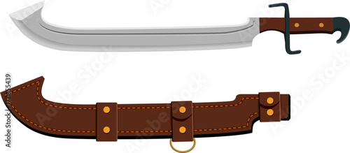 Long curved saber with leather sheath and brass fittings; antique-inspired weapon prop for historic or cosplay visuals.