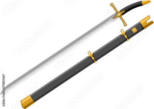 Two ornamental katana swords with black lacquer scabbards and gold fittings, ideal for martial arts, décor, and promotional visuals.