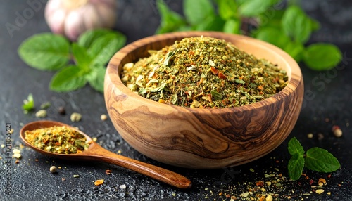 Aromatic spice blend in wooden bowl