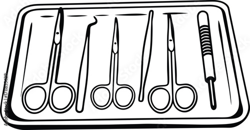 Flat Vector Illustration of Surgical Tools – Scalpel, Forceps, Scissors, and Clamps on Sterile Tray