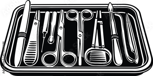 Flat Vector Illustration of Surgical Tools – Scalpel, Forceps, Scissors, and Clamps on Sterile Tray