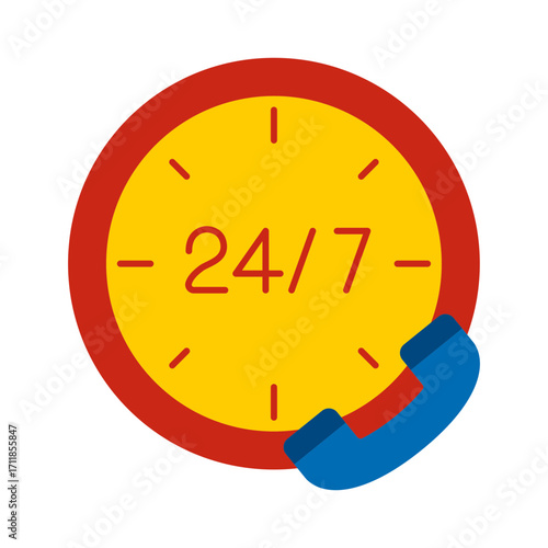 24 hours 7 days customer support Flat icon with clock, phone service, and around-the-clock assistance, vector.