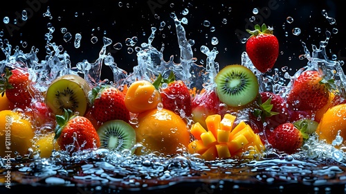 Vibrant strawberries, kiwis, oranges, and mango pieces splash dynamically in refreshing clear water