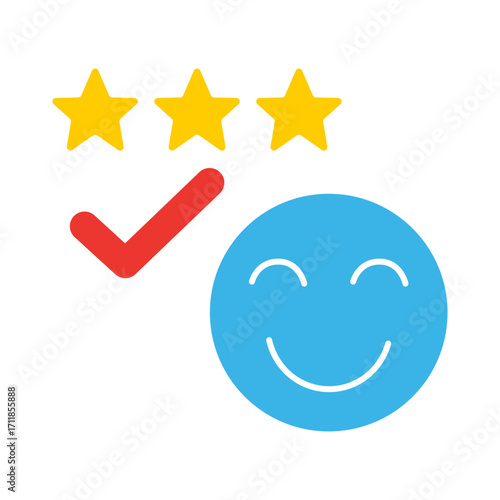 Customer satisfaction Flat icon with rating stars, checkmark approval, and happy face, vector.