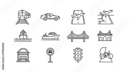 Collection of transportation and city icons in a clean silhouette style