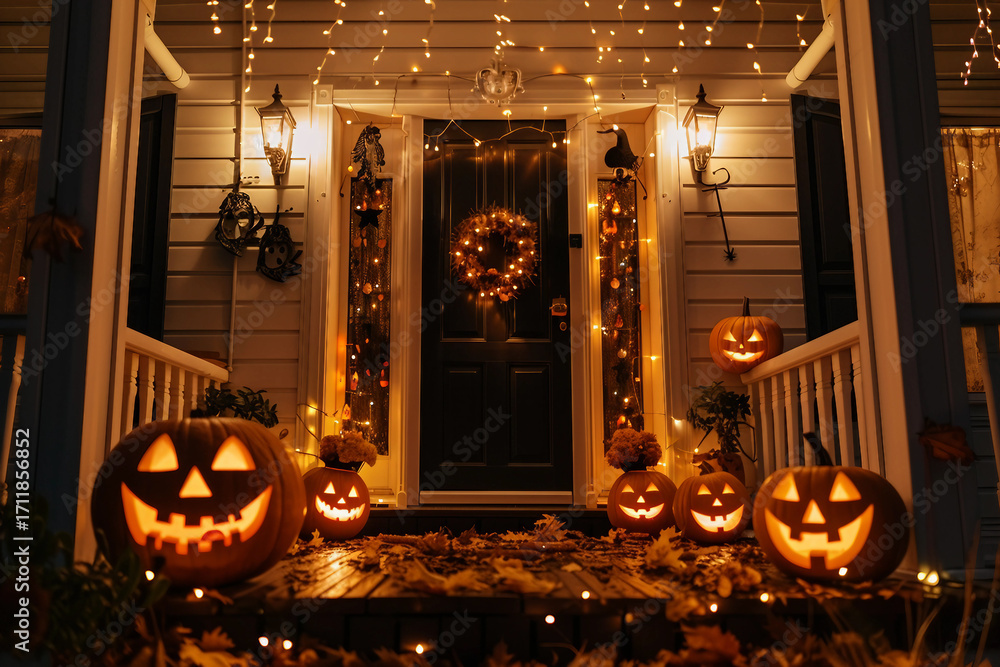 Obraz premium Glowing carved Halloween pumpkin with spooky face held by woman in dark room at night for party decor, generative ai