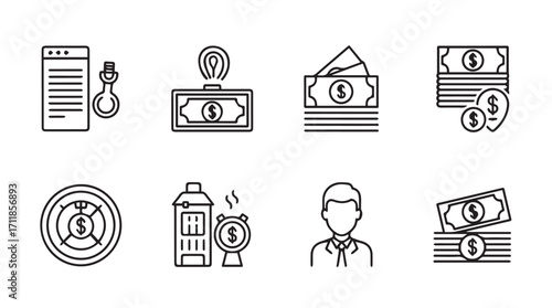 Collection of financial and security icons in a clean line art silhouette style