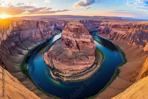 Aerial view of horseshoe bend canyon with the colorado river at sunset in page arizona usa