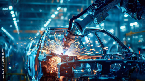 An industrial robot welds a car body with bright sparks, a cutting-edge technology in automotive manufacturing