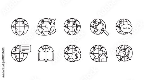 Collection of globe icons representing global business and technology concepts silhouette