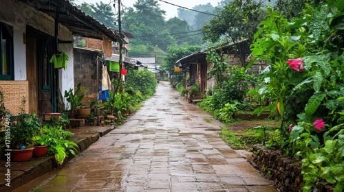 A misty view of Mawlynnong, the cleanest village in India, lush greenery everywhere