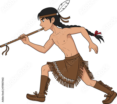 Native American boy running, playing flute, traditional clothing, feather headband, moccasins, tribal outfit, youth in motion, cultural illustration, isolated background, animated character.