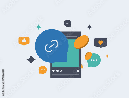 Affiliate promotion with digital marketing, social media referral program and commission tracking system for online sales growth. E-commerce affiliate campaign, business partnership illustration