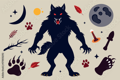 Scary halloween werewolf vector illustration set for spooky designs and projects