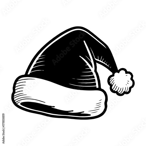 Santa hat illustration in hand-drawn sketch style, featuring fluffy trim and pom-pom, isolated on white background, concept of Christmas holiday cheer