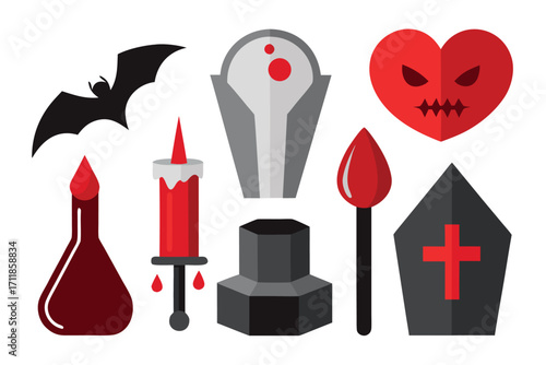 Vector illustration set vampire fangs blood bat candle coffin heart halloween icons