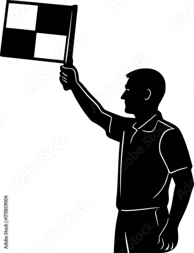 Monochrome vector silhouette outline of a linesman raising flag, minimal black and white football illustration for soccer design, refereeing, and sports concepts.
