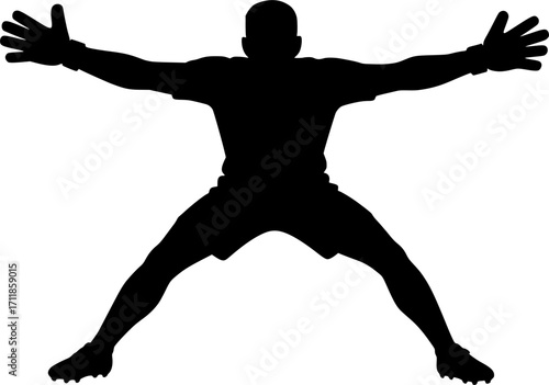 Minimal black and white vector silhouette of a goalkeeper stretching arms wide, monochrome sports illustration for posters, design, and football concepts.