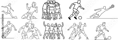 Minimalist black and white vector silhouettes of soccer players, monochrome sports illustration set for football design, posters, and athletic concepts.