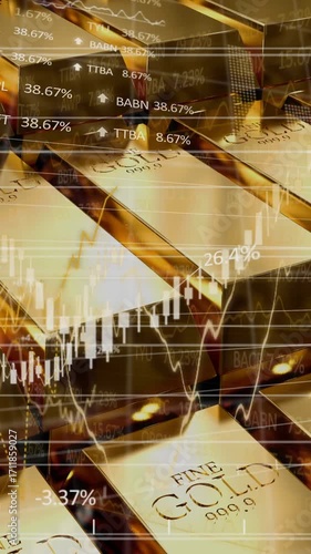 Animation of financial data processing over gold bullions