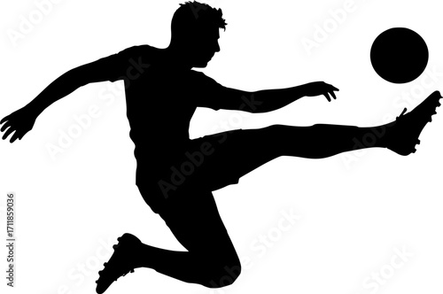 Black and white vector silhouette of a soccer player kicking ball mid-air, minimal monochrome sports illustration for football design, posters, and athletic concepts.