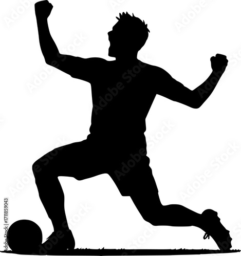 Black and white vector silhouette of a soccer player celebrating a goal, minimal monochrome sports illustration for football design, posters, and athletic concepts.