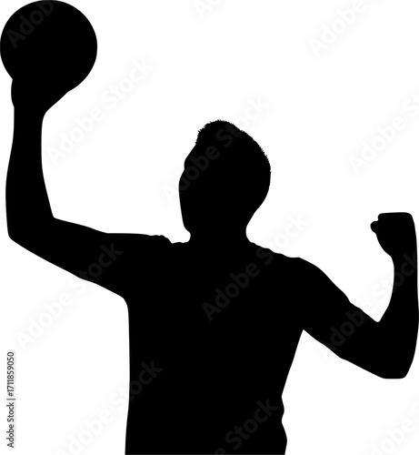 Black and white vector silhouette of a football player celebrating with ball raised, minimal monochrome sports illustration for soccer design, posters, and athletic concepts.