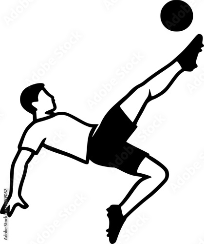 Black and white vector contour of a football player performing a bicycle kick, minimal silhouette illustration for soccer design, posters, and athletic sports concepts.