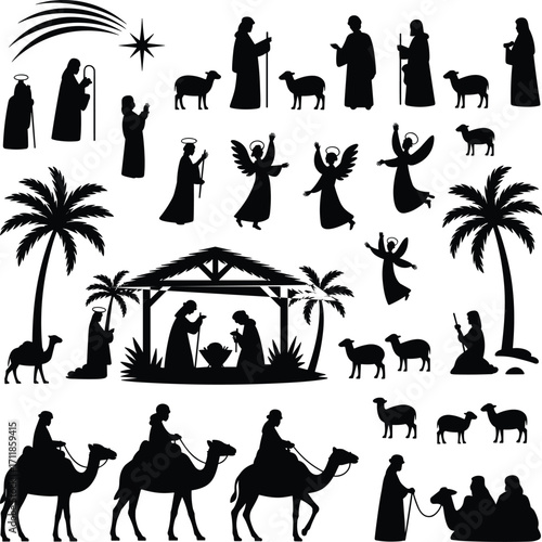 Nativity scene silhouettes, three wise men, baby Jesus, Mary and Joseph, angels, sheep, camel, manger, star of Bethlehem, palm trees, biblical Christmas vector.