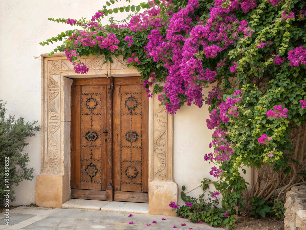 Fototapeta premium A beautiful rustic wooden door with intricate carvings, framed by a vibrant cascade of pink bougainvillea.