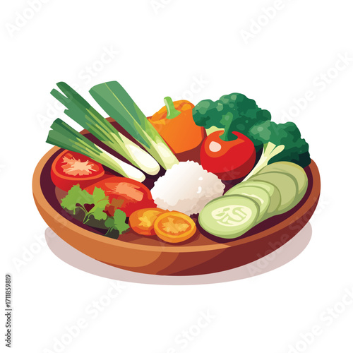 A wooden bowl filled with a variety of fresh vegetables, including tomatoes, cucumbers, broccoli, and peppers.