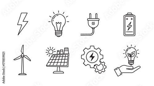 Collection of hand drawn energy icons in a silhouette style