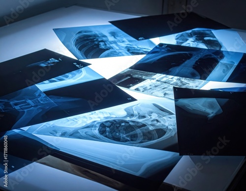 Medical X-ray images illuminated on a light table in a doctor's office.