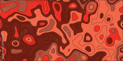 Abstract topographic map pattern with swirling contour lines in shades of red brown and coral orange