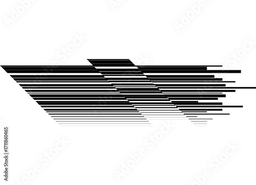 Dynamic vector pattern of black straight broken lines of different thicknesses on a white background. Striped vector background. Sports design element for covers, advertising, packaging.