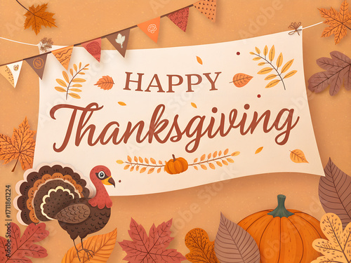 Happy Thanksgiving banner with turkey and autumn leaves design  