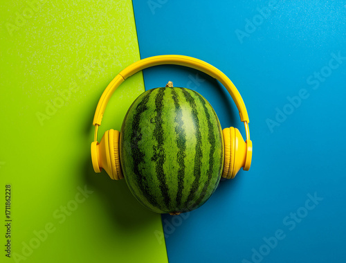 Yellow headphones on watermelon against blue and green background, minimalist social media photo