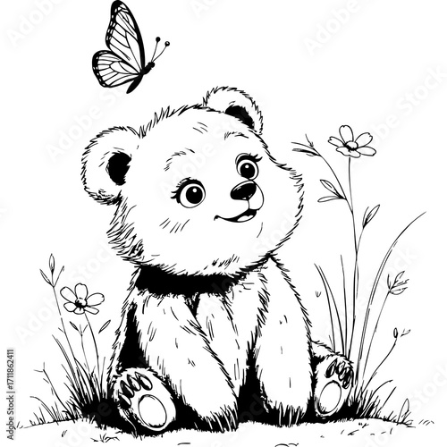 Baby bear watching butterfly
